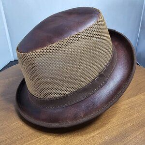 Player Leather/Mesh Fedora Hat | American Hat Makers | Chestnut | NWT | XX-Large